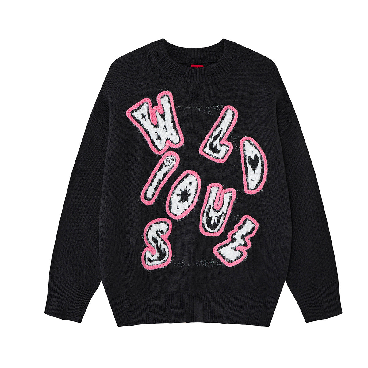 Pull oversize à col rond en maille, lettrage graffiti Wild Soul façon bulles, en gris et noir
