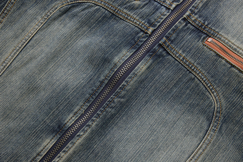 Washed Distressed Denim Moto Jacket – Stand Collar, Zip-Up, Boxy Fit