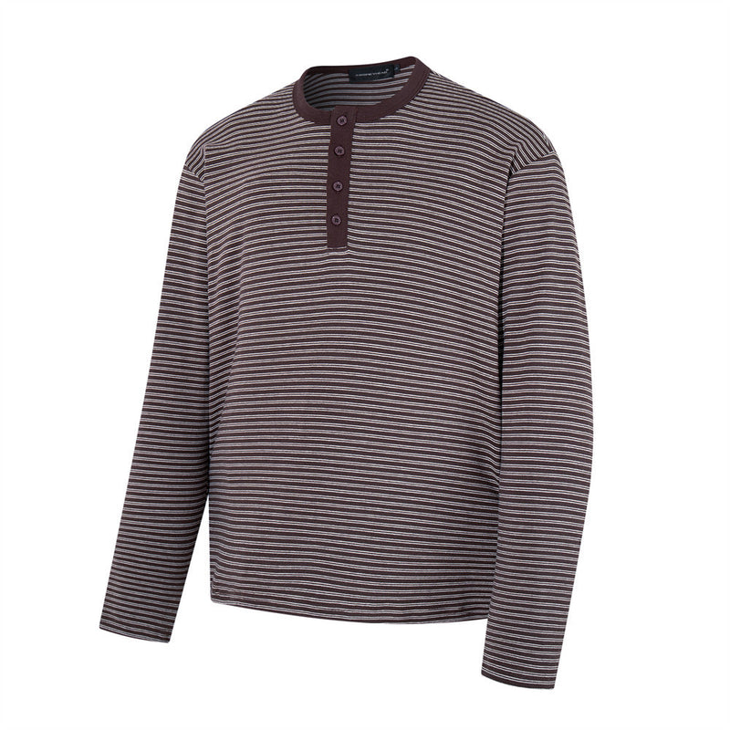Men's Striped Henley Long-Sleeve Shirt – Relaxed Fit Button-Placket Top