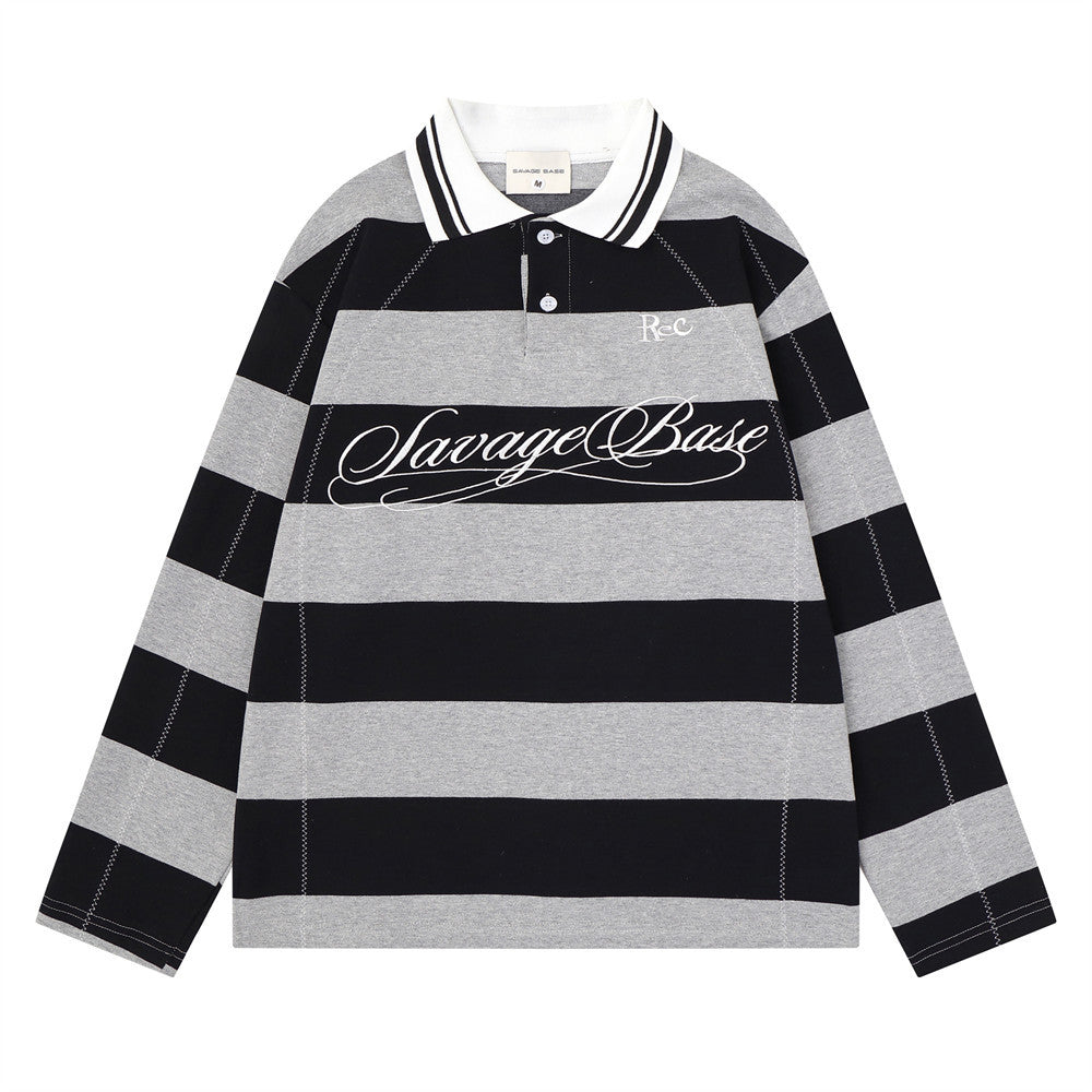 Men's long sleeve striped rugby polo shirt with embroidered Savage Base script logo on chest, shown in black and grey colorwa