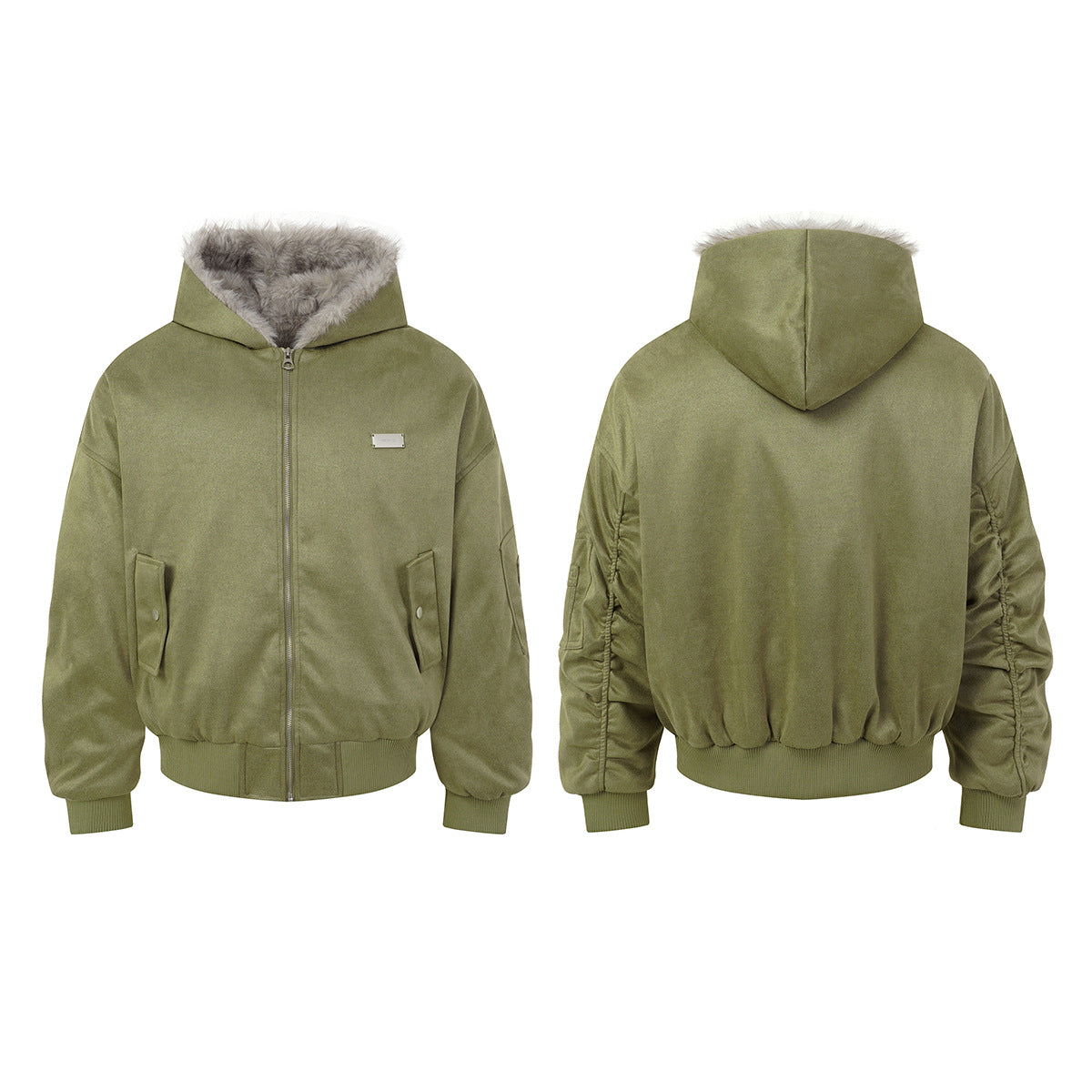 Bomber en suédine avec capuche en fausse fourrure – Manteau d’hiver oversize