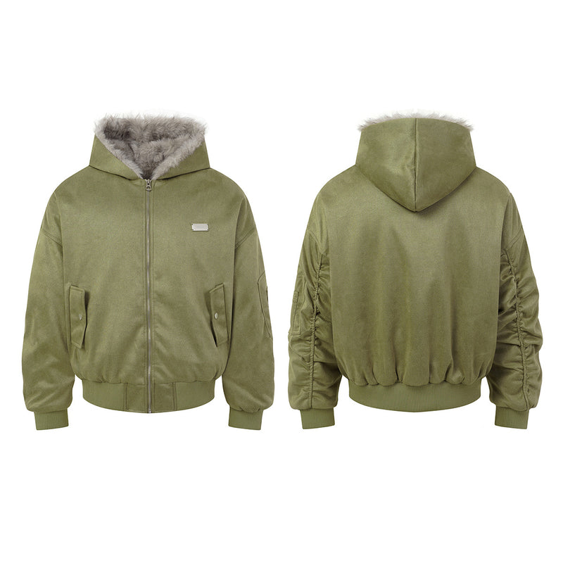 Bomber en suédine avec capuche en fausse fourrure – Manteau d’hiver oversize