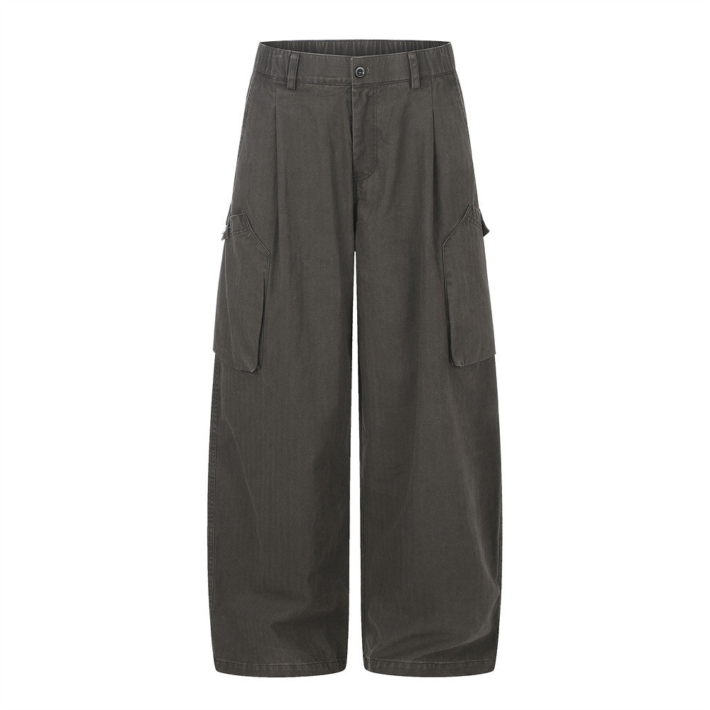 Men's wide-leg cargo pants with multi-pocket design in dark grey, relaxed fit, front view