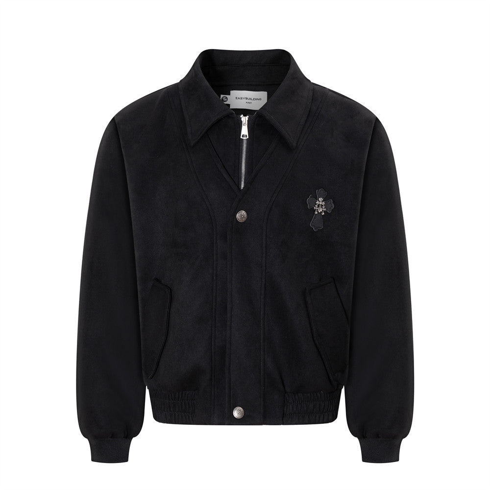 Suede Bomber Jacket Men – Collared Cross-Patch Relaxed Fit Varsity Jacket