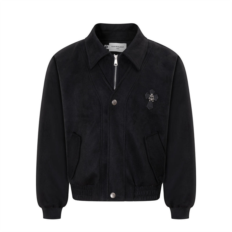 Suede Bomber Jacket Men – Collared Cross-Patch Relaxed Fit Varsity Jacket