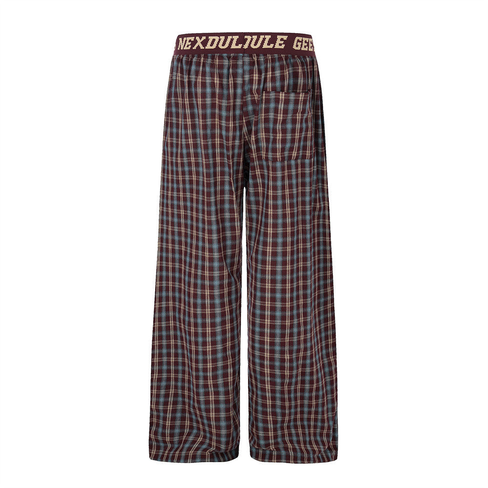 American Streetwear Plaid Wide-Leg Pants – Elastic Waistband Relaxed Fit
