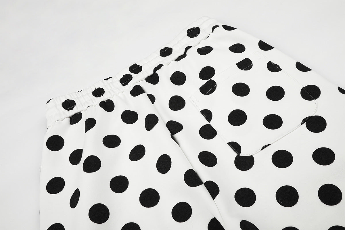 Wide-Leg-Jogginghose mit Polka-Dots – Weiß-Schwarzer Punktprint mit Kordelzugbund