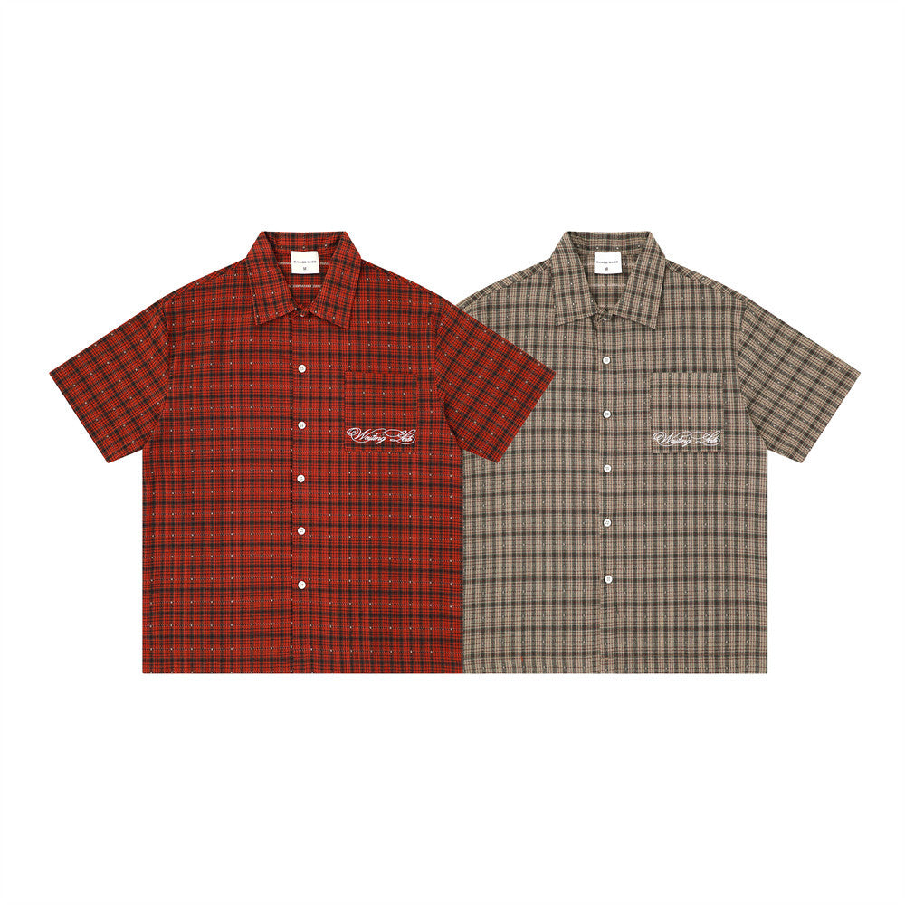 Men's oversized plaid check short sleeve shirt in red and khaki brown with chest pocket and script logo embroidery
