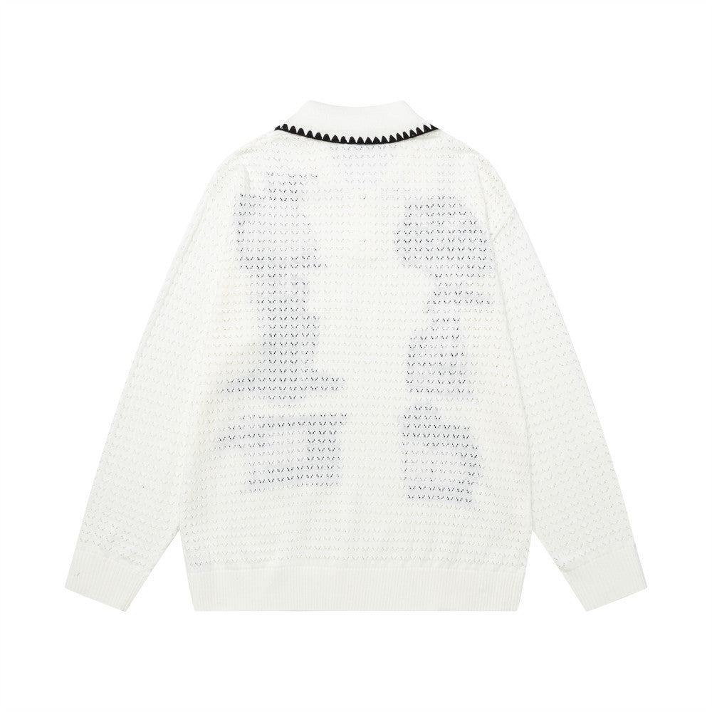 Jersey de Punto Jacquard con Perros Cartoon – Oversize, Cuello Polo y Manga Larga