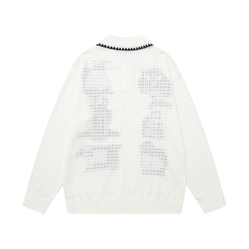 Jersey de Punto Jacquard con Perros Cartoon – Oversize, Cuello Polo y Manga Larga