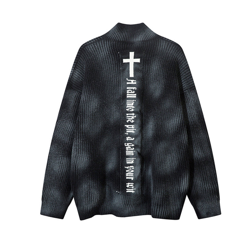 Veste-pull zippée en maille jacquard croix gothique – Col montant médiéval sombre