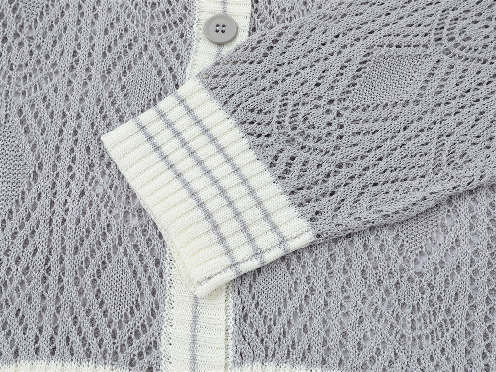 Cardigan en maille ajourée à col rond pour homme – Texture losanges, coupe décontractée