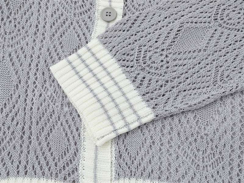 Cardigan en maille ajourée à col rond pour homme – Texture losanges, coupe décontractée