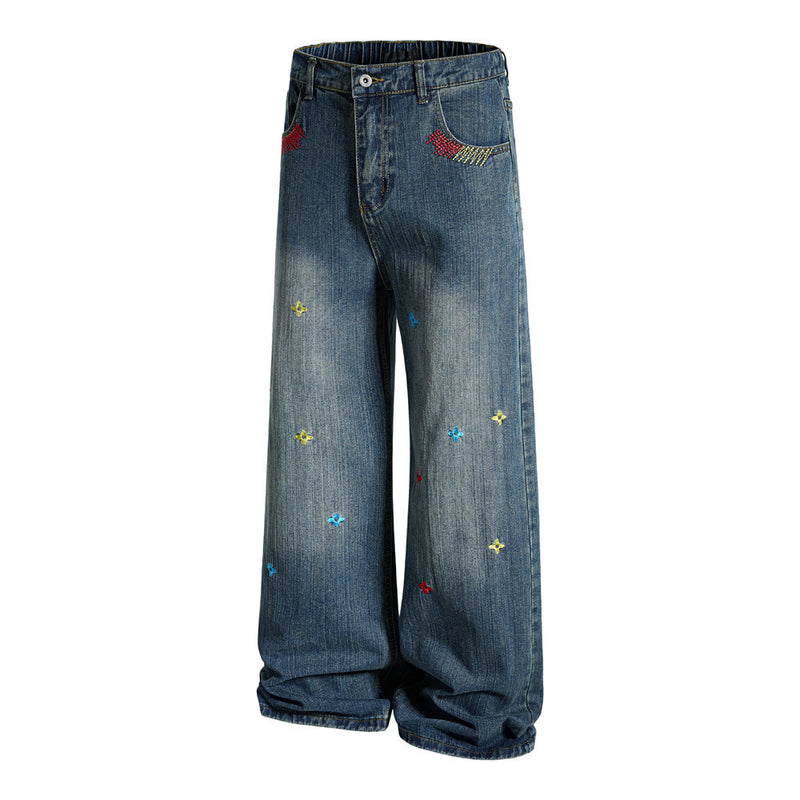 Wide-Leg Washed Denim Jeans with Cross Star Embroidery & Rhinestone Pocket
