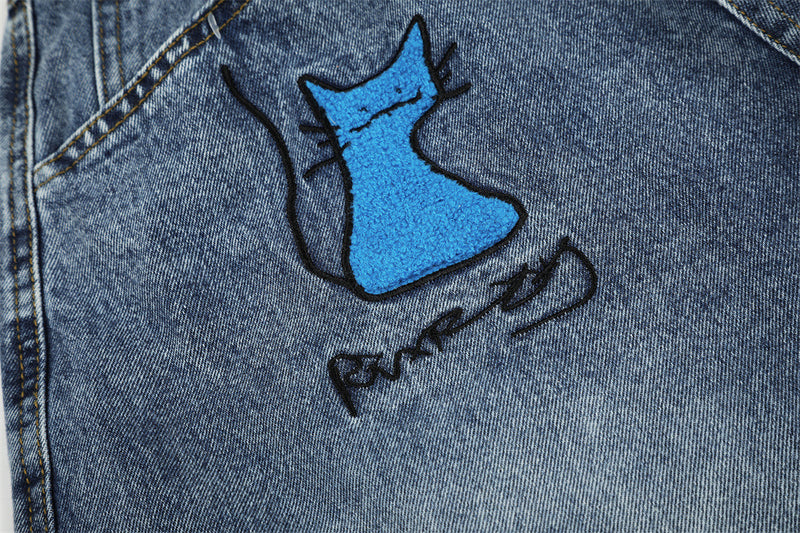 Cartoon Cat Embroidered Denim Shorts – Men's Wide Leg Vintage Washed Jean Shorts