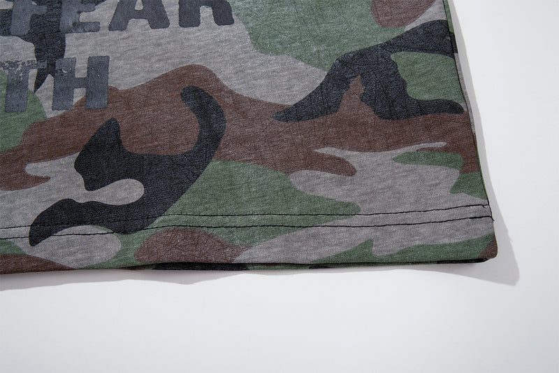 Long Sleeve Camo Graphic Tee – Cross & American Flag Stars Print, Crew Neck