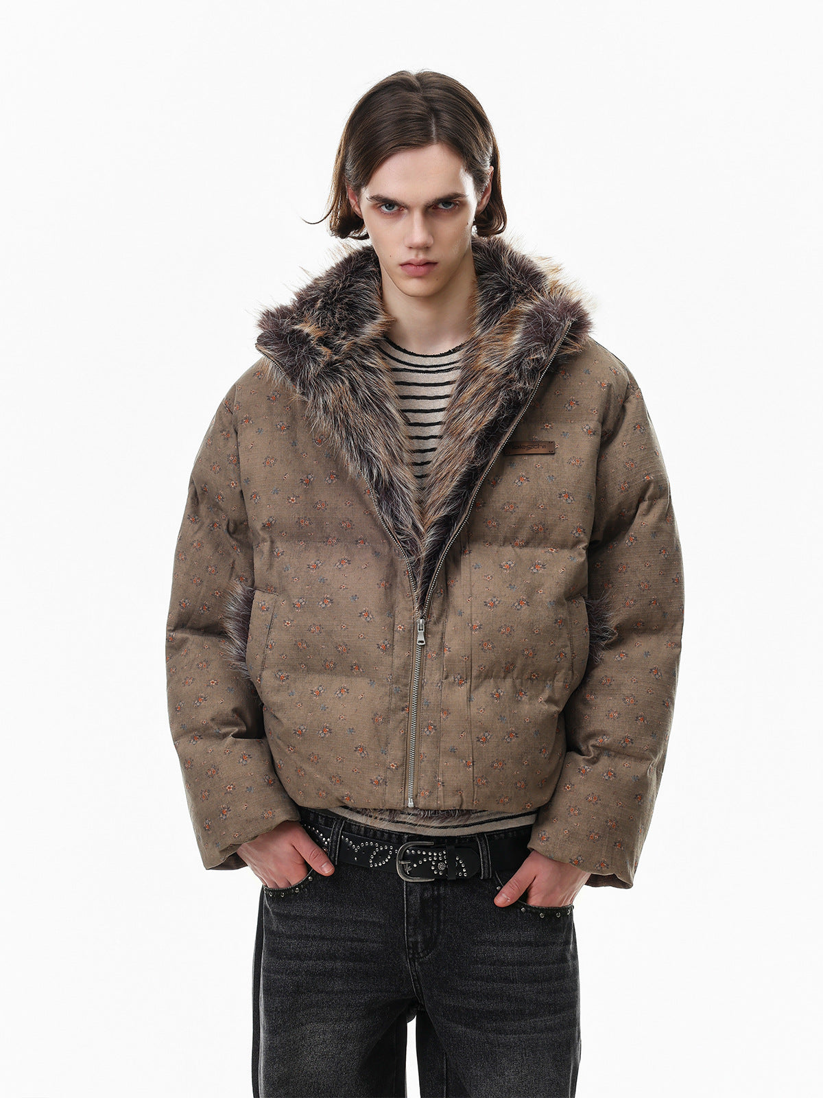 Men's cropped floral print puffer jacket with oversized faux fur collar in khaki, front view