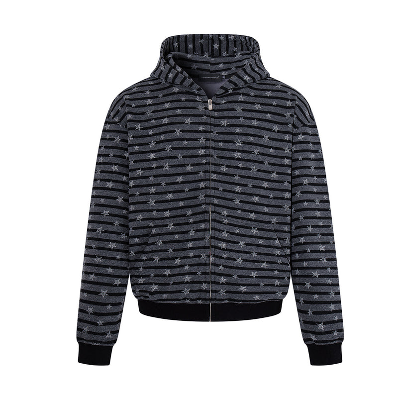 Striped Star Print Zip-Up Hoodie – Relaxed Fit Full-Zip Sweatshirt