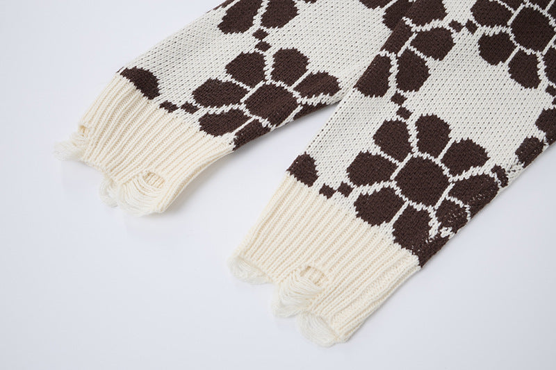 Cardigan-pull en maille à carreaux fleuris et col V – Bas oversize effiloché