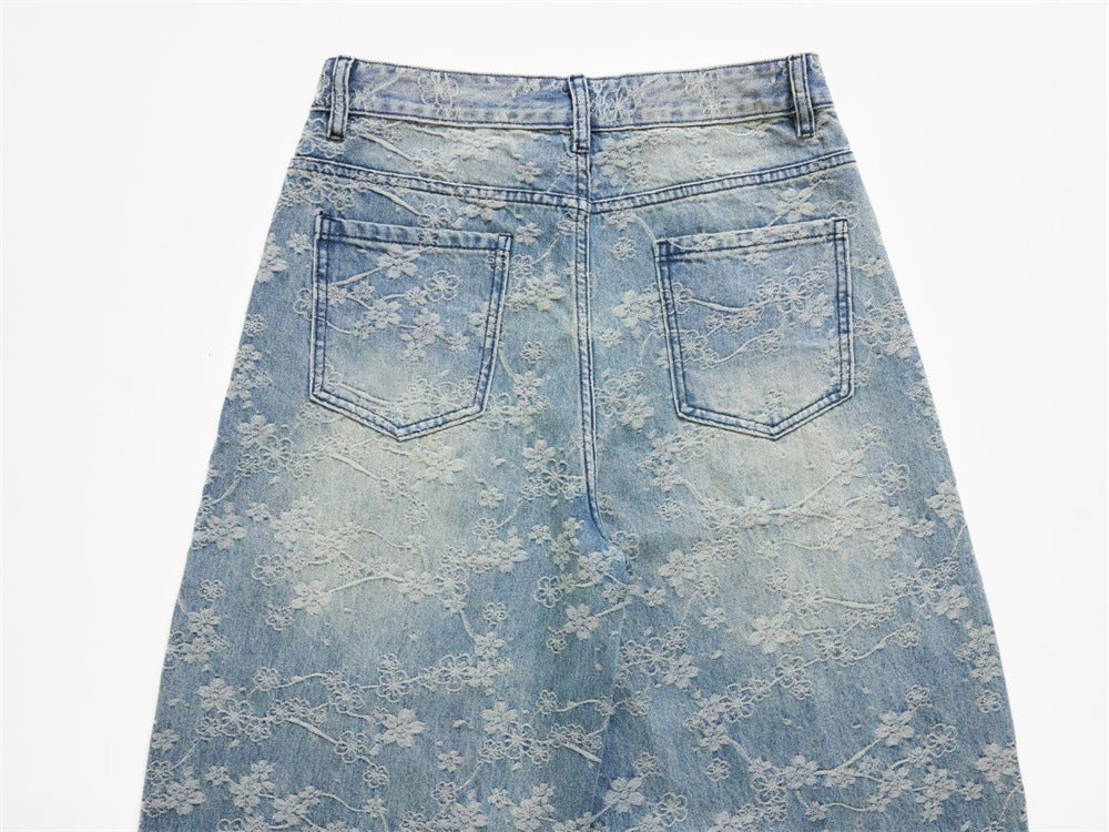 Loose Fit Wide-Leg Jeans – Floral Lace Embroidery, Washed Light Blue Denim