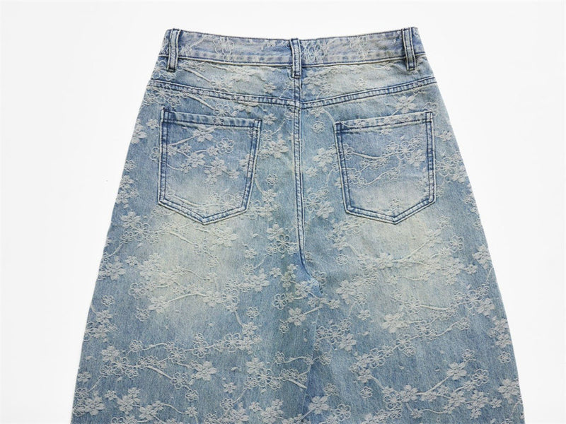 Loose Fit Wide-Leg Jeans – Floral Lace Embroidery, Washed Light Blue Denim