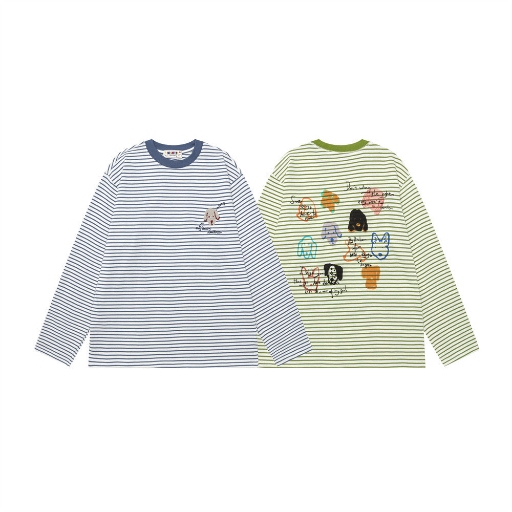 Camiseta de manga larga a rayas con estampado gráfico de perro, corte relajado