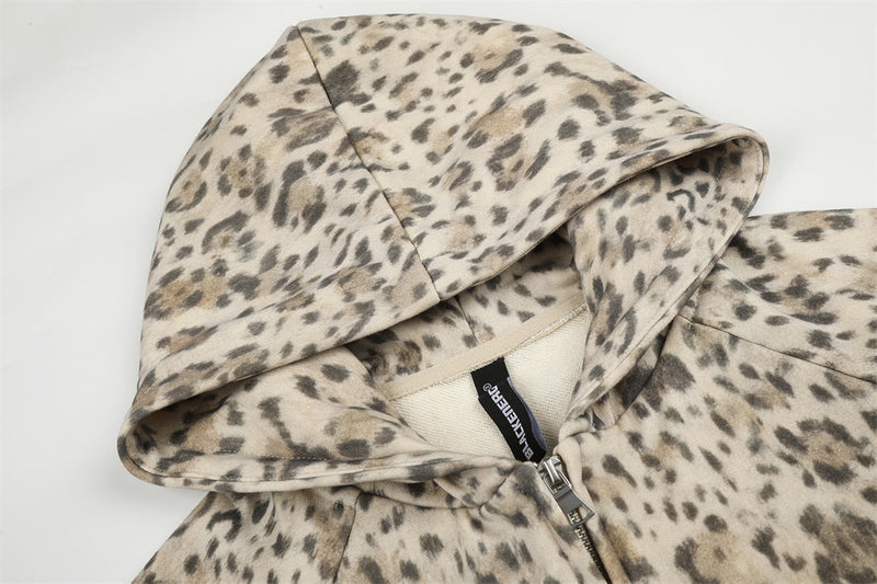 Embroidered Zip Up Hoodie – Leopard Print Streetwear with Side Stripe Detail