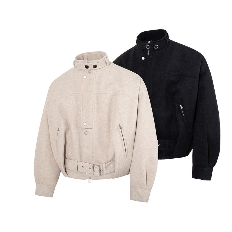 Oversized Wool-Blend Belted Bomber Jacket with Stand Collar