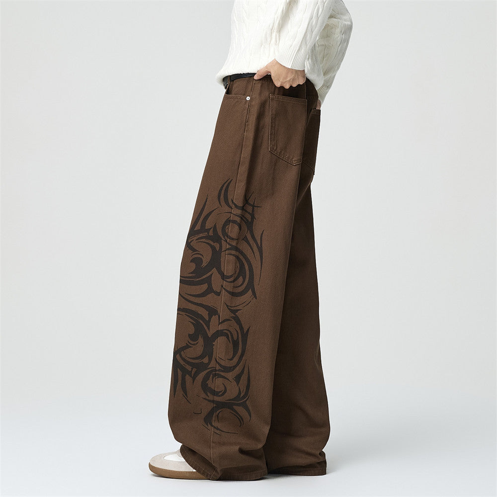 Tribal Print Wide-Leg Jeans – Men's Streetwear Straight Baggy Pants