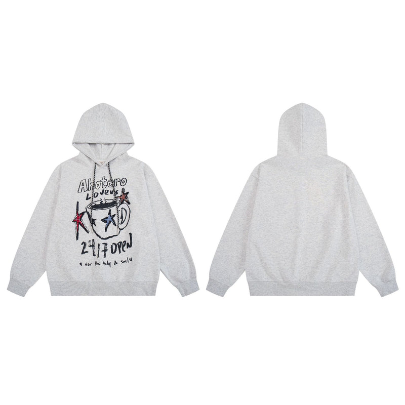 Grafik-Hoodie mit Kaffeetasse & Sternprint – Oversized Retro-Streetwear