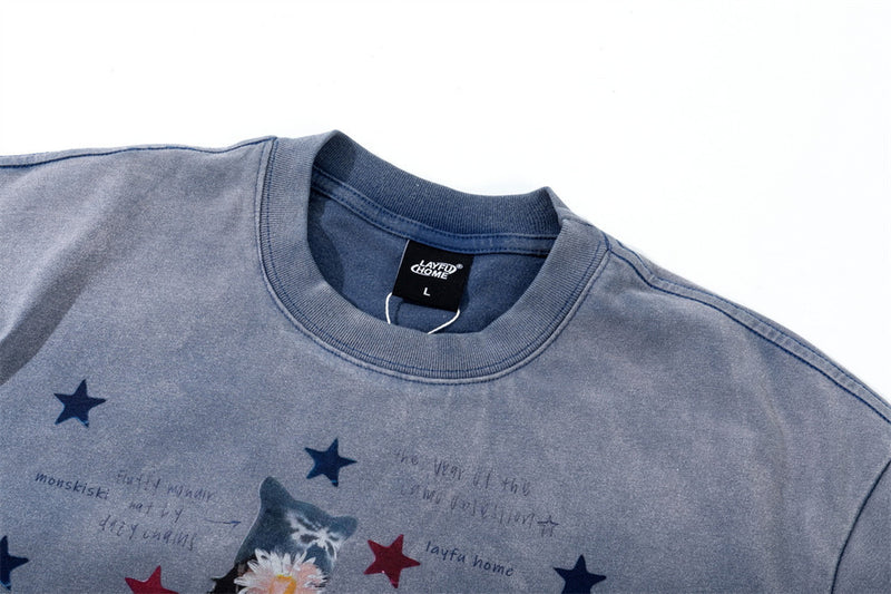 Men's Oversized Graphic Tee – Star Print Washed Short Sleeve T-Shirt