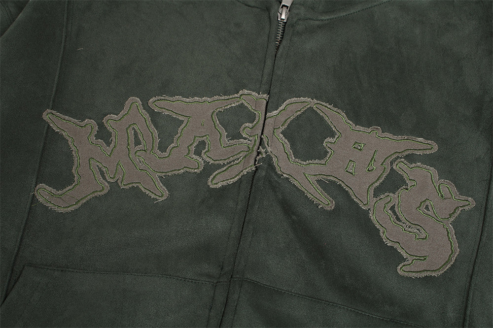 Baggy Zip Up Hoodie with Letter Appliqué — Oversized Streetwear Zip Hoodie