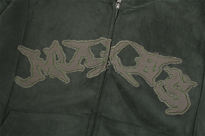 Baggy Zip Up Hoodie with Letter Appliqué — Oversized Streetwear Zip Hoodie