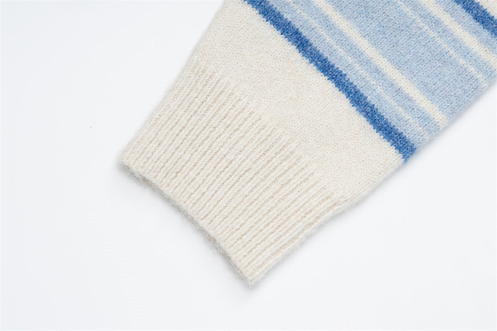 Striped Polo Collar Knit Sweater – Blue & White Horizontal Stripe Pullover