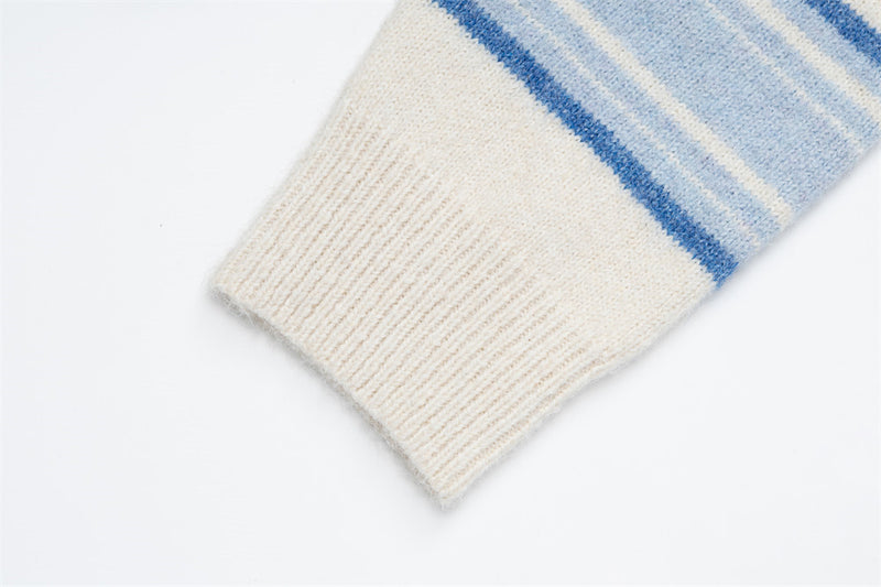 Striped Polo Collar Knit Sweater – Blue & White Horizontal Stripe Pullover