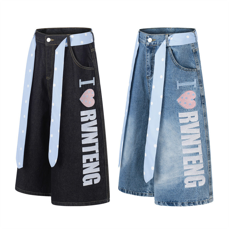 I Love RUNTENG Letter Print Wide-Leg Denim Shorts with Polka Dot Tie Detail