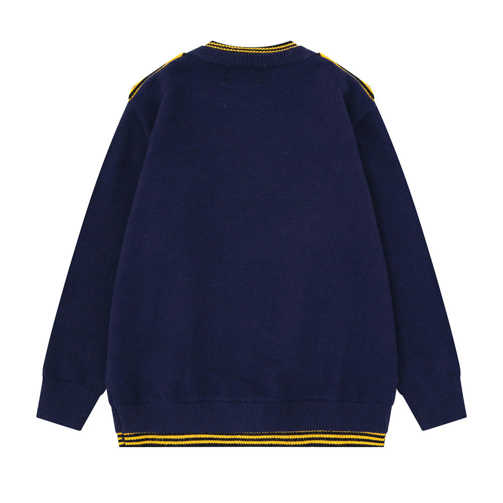 Mens Crew Neck Sweater with Faux Sailor Shawl Striped Knit Pullover