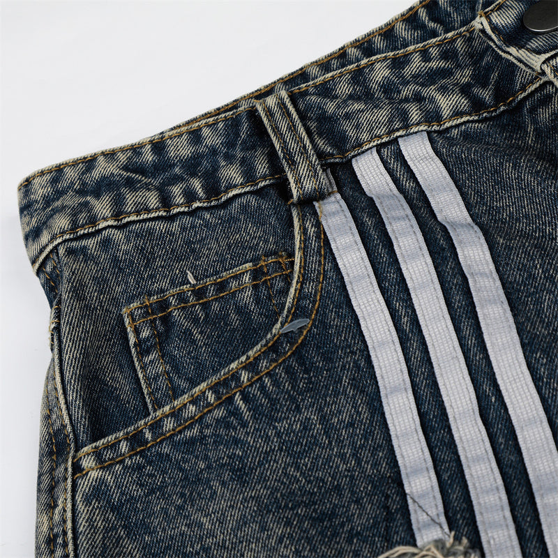 Vintage Washed Star Patch Stripe Denim Shorts