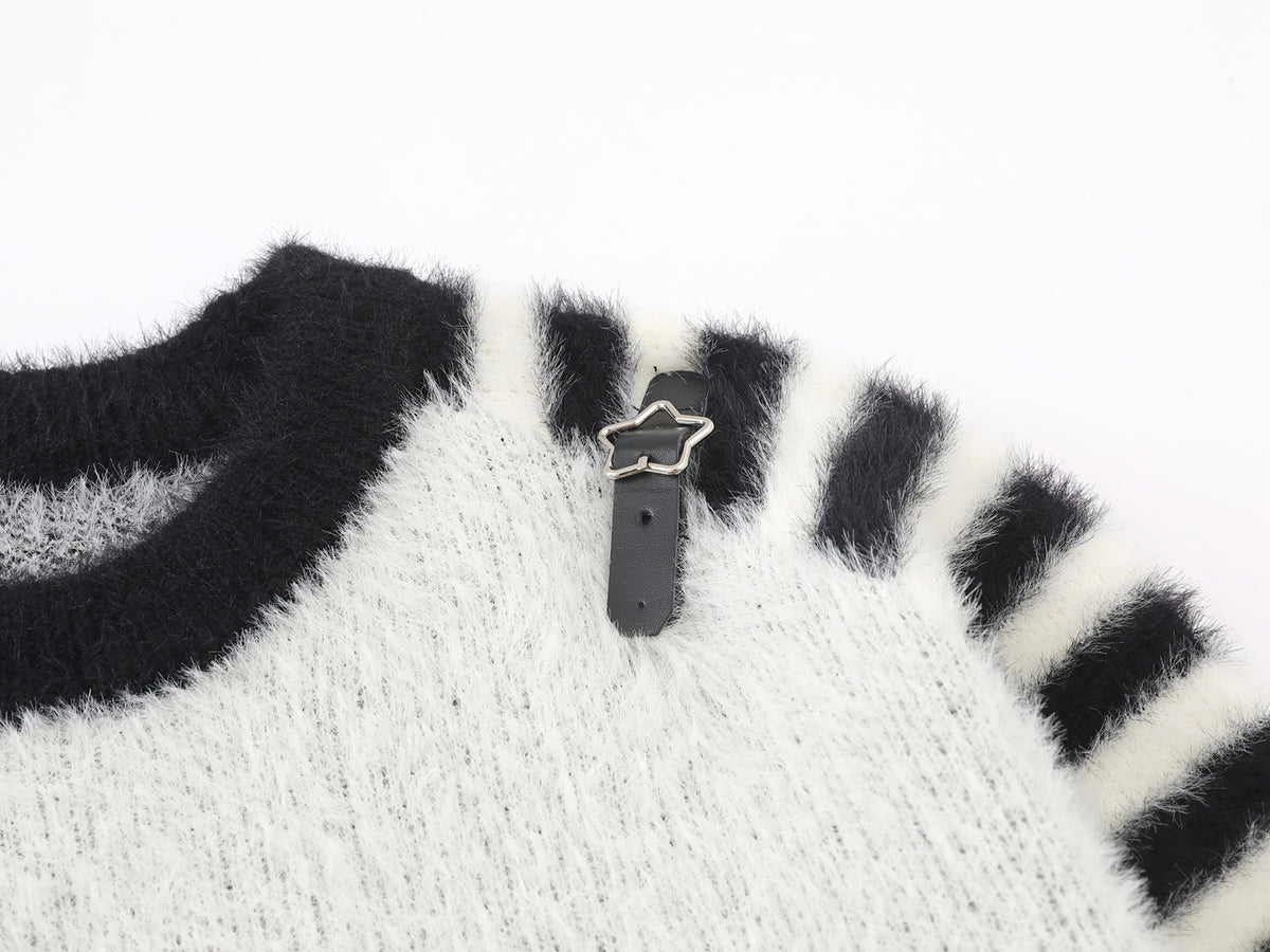 Cartoon Rabbit Angel Knit Sweater – Mixed Star & Stripe Fuzzy Pullover with