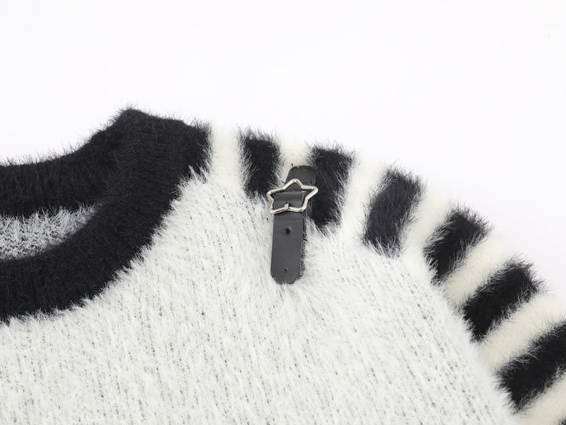 Cartoon Rabbit Angel Knit Sweater – Mixed Star & Stripe Fuzzy Pullover with