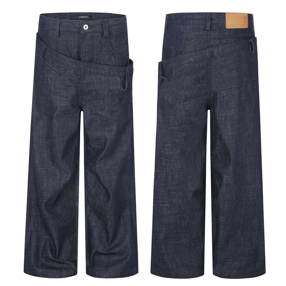 Jeans à double ceinture et jambes larges – Denim droit et ample pour homme avec empiècement diagonal