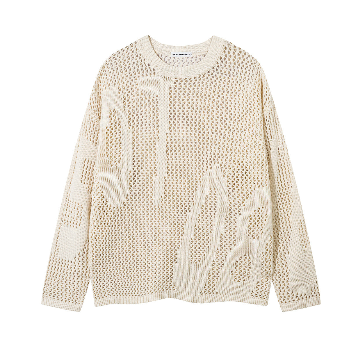 Oversized open-knit mesh crew neck sweater in cream beige with hollow-out vertical stripe pattern and ribbed trim
