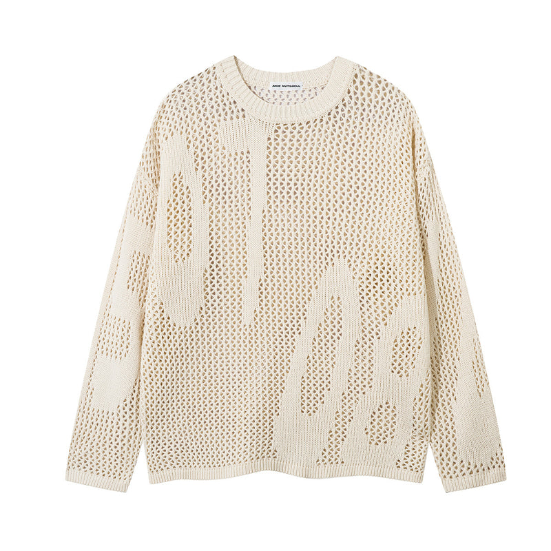 Oversized open-knit mesh crew neck sweater in cream beige with hollow-out vertical stripe pattern and ribbed trim