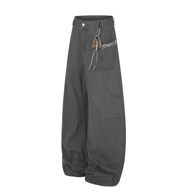 Wide-Leg Baggy Pants with Curved Hem, Leopard Trim & Carabiner Detail