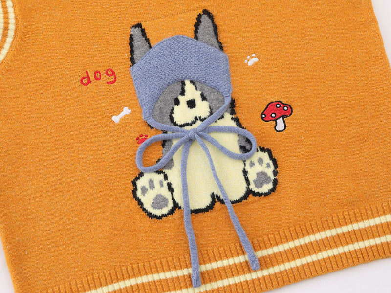 Cartoon Dog Knit Sweater Vest V-Neck Collegiate Stripe Sleeveless Pullover