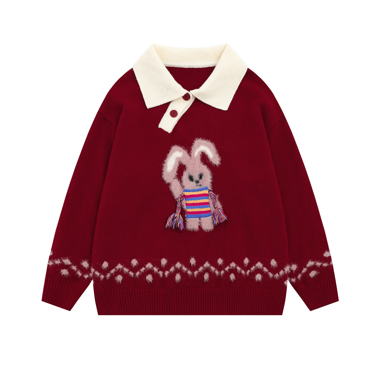 Cute Rabbit Jacquard Polo Collar Knit Sweater – Fluffy Bunny Graphic Pullover