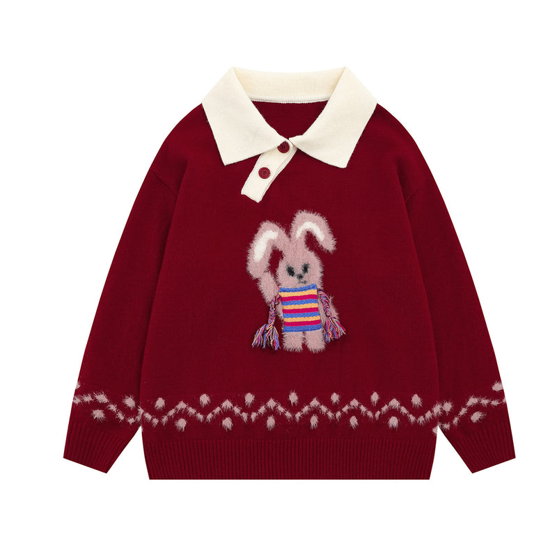 Cute Rabbit Jacquard Polo Collar Knit Sweater – Fluffy Bunny Graphic Pullover