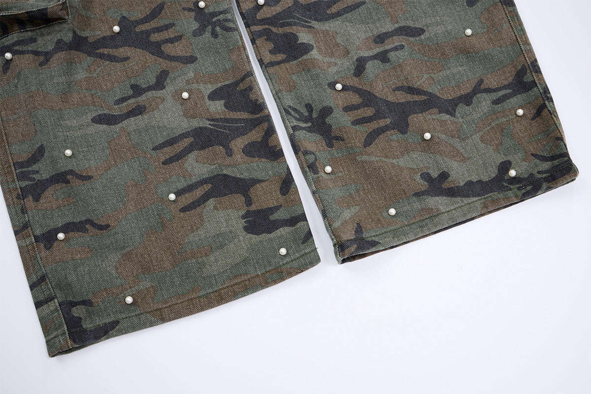 Camo Pearl Stud Cargo Pants – Wide-Leg Washed Denim Camouflage Trousers