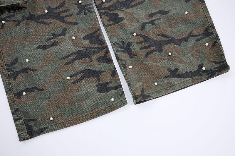 Camo Pearl Stud Cargo Pants – Wide-Leg Washed Denim Camouflage Trousers