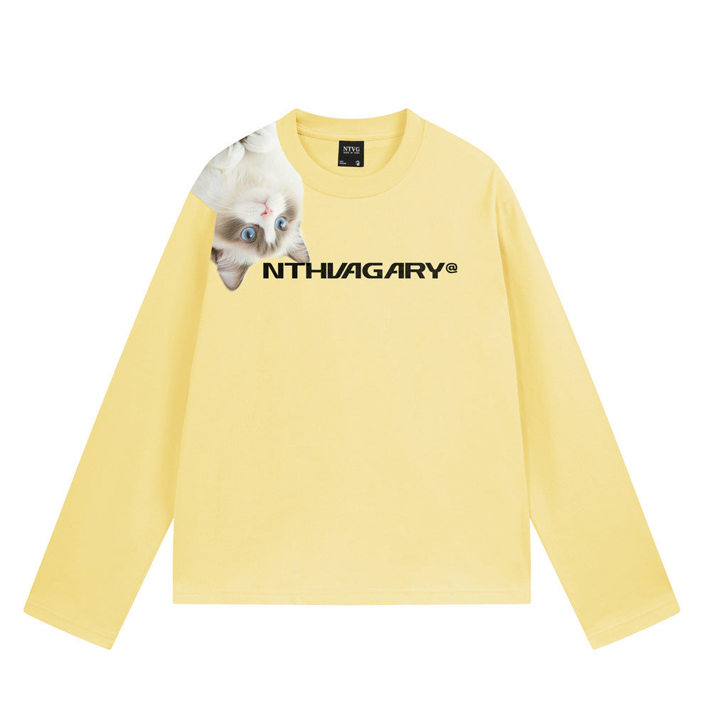 NTHVAGARY Langarmshirt mit Rundhalsausschnitt und 3D-Katzengrafik auf der linken Schulter in Buttergelb